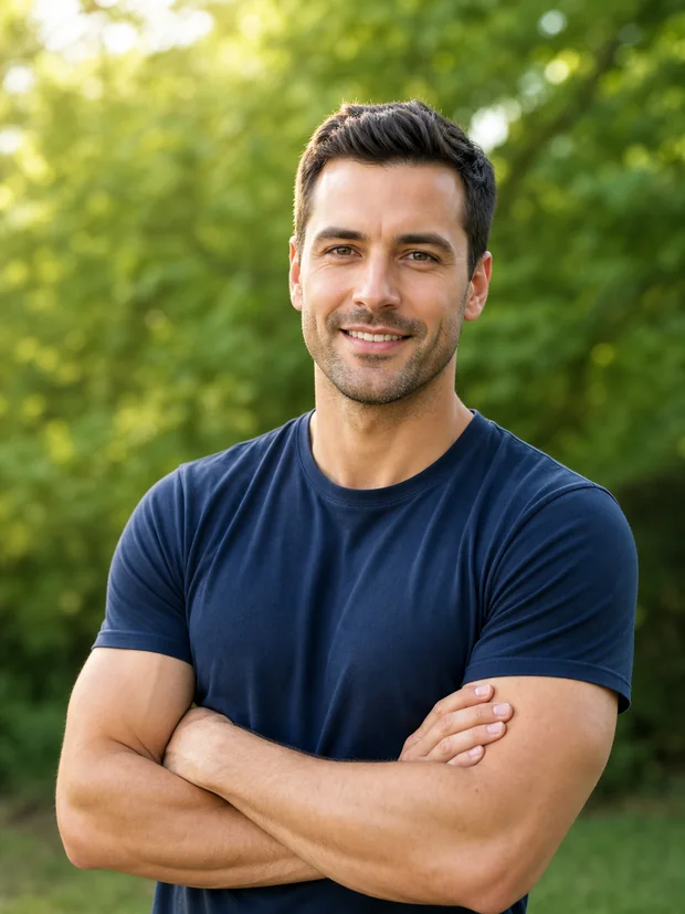 Man in a navy t-shirt outdoors